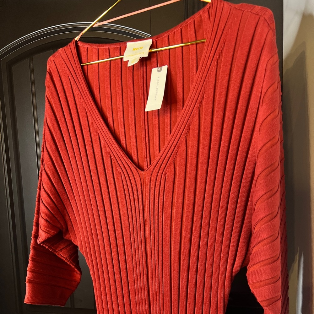 Anthropology High Quality Ribbed V-Neck Sweater Dress in Rust